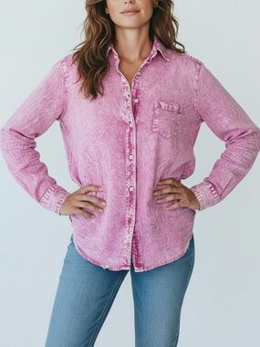 Frank & Eileen Relaxed Button Up Eileen Shirt Women M in Acid Washed Pink